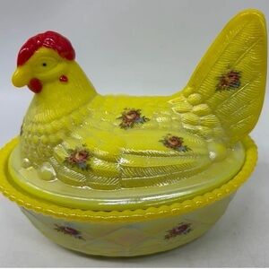Dandelion iridescent Yellow Hen Dish with Floral Design